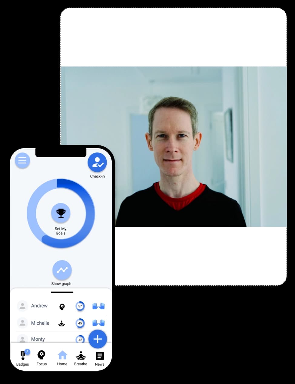 Image of mobile app and image of Andrew on a tablet